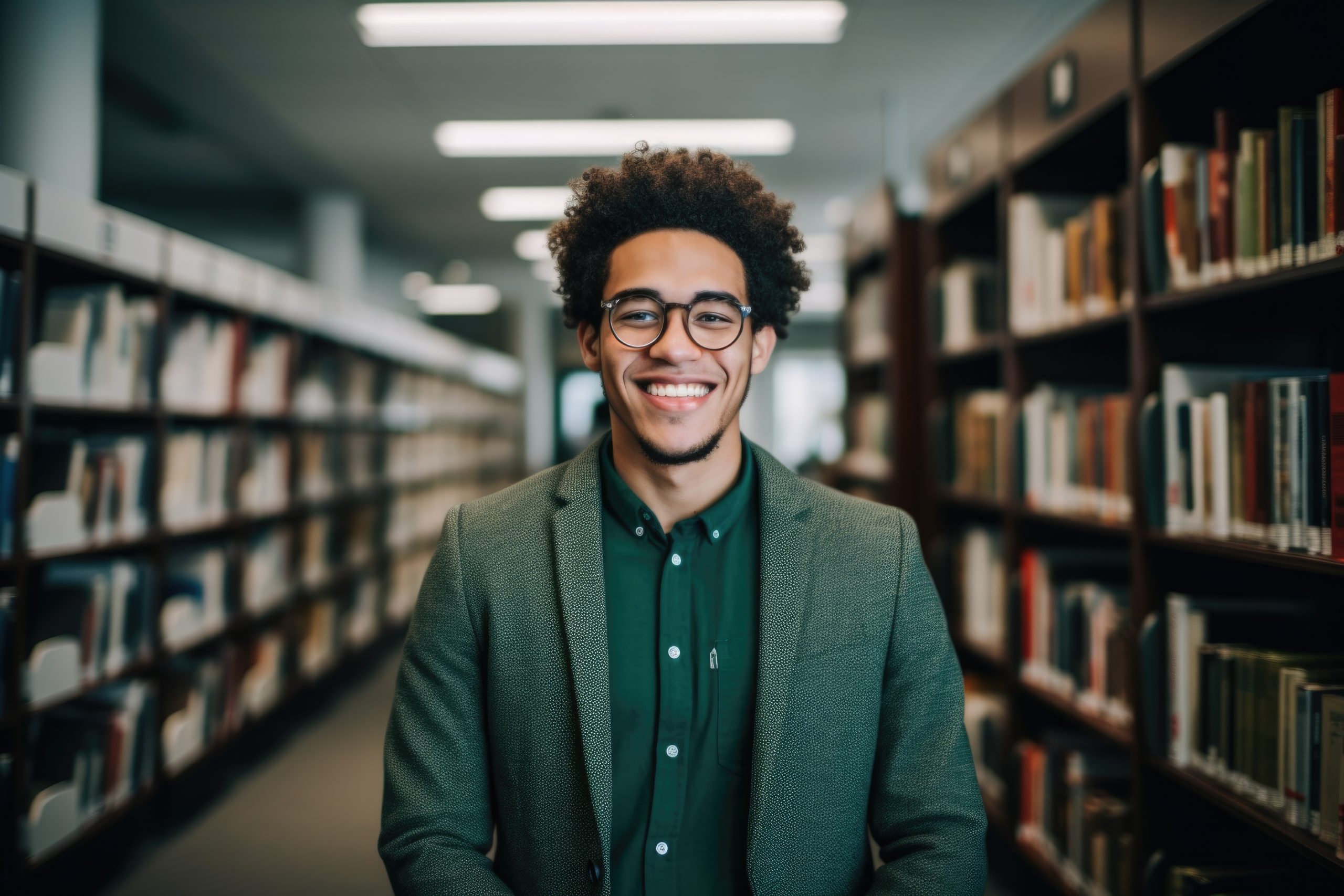 Portrait of a young student in a library.