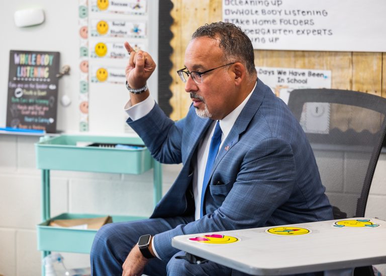 Secretary Cardona in Sarah Al-Kabour and Jennifer Fortner’s kindergarten classroom.